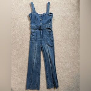Show Me Your Mumu Denim Jumpsuit Overalls Small Blue Button Front Wide Leg
